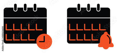Calendar Reminder Icon Set with Clock and Bell Representing Scheduling, Alerts, and Time Management