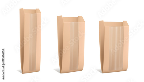 Ecologically friendly packaging for bread. Vector realistic isolated set of eco packages from paper for baked goods. Breakfast products or snacks to go, takeaway production in shop or store