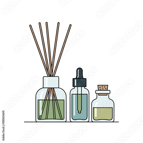 Diffuser and massage supplies illustration with calming mood, glass bottles on transparent background