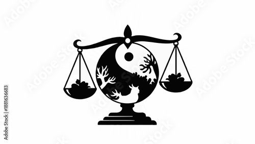Symbol of balance and justice with Yin Yang and scales of justice