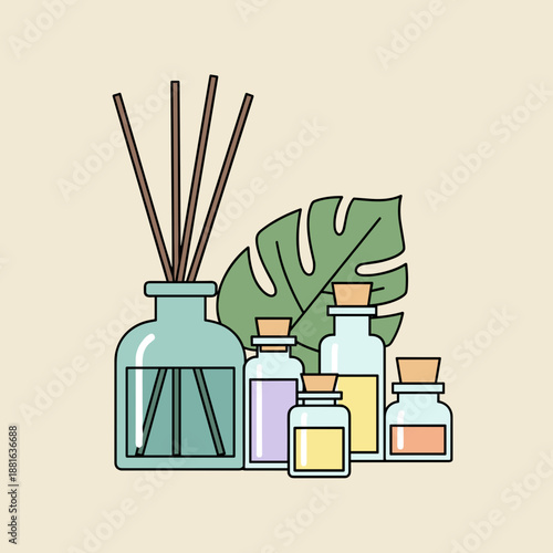 Spa-themed diffuser composition illustration with calming mood, essential oils and natural elements