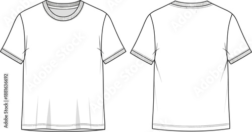 Basic crew neck t-shirt fashion technical sketch showing front back views minimal casual wear cad drawing flat vector illustration
