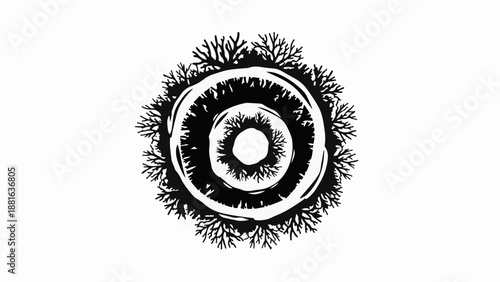 Abstract circular pattern with organic, branching elements and a textured, concentric core
