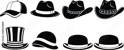 Black and white hat silhouettes collection featuring baseball cap fedora cowboy top hat bowler minimalist vector illustration set icons