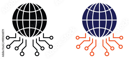 Global Network Globe with Circuit Connections Icon Representing Internet Technology, Data Flow, and Worldwide Connectivity