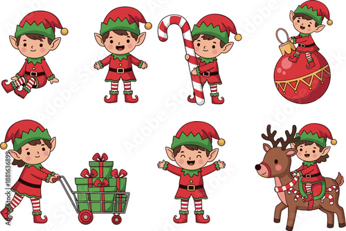 Set of cute Christmas elves characters in red and green costumes with reindeer gifts candy cane and ornaments.