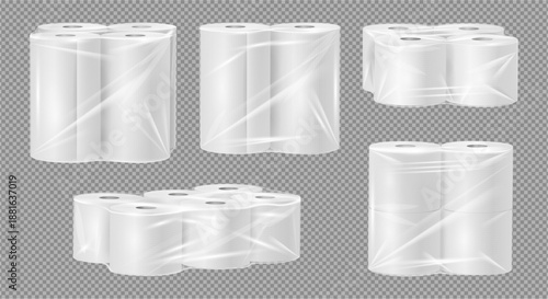 Toilet and towel paper, hygiene products in package. Vector realistic style, kitchen cleaning towels. Lavatory, bathroom rolls or tubes, shop goods for household, mock up set of toiletry