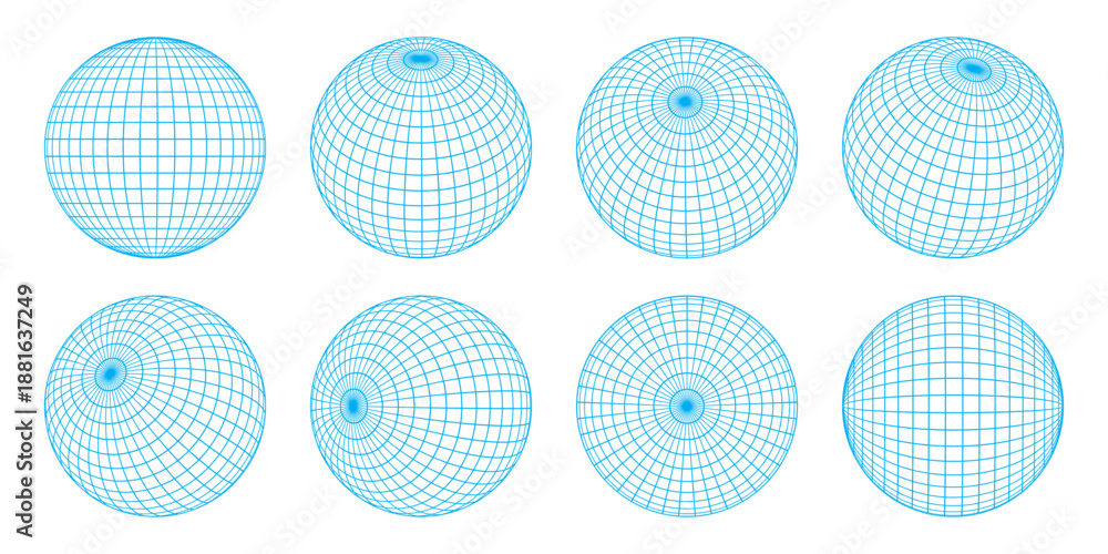 Fototapeta premium A set of wireframe globe grids with various tilt angles. Abstract geometric sphere with latitude and longitude lines, parallels, meridians, and poles. Blueprint vector illustation