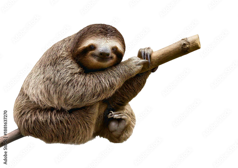 Obraz premium Adorable sloth smiling while gripping a stick isolated on transparent or white background