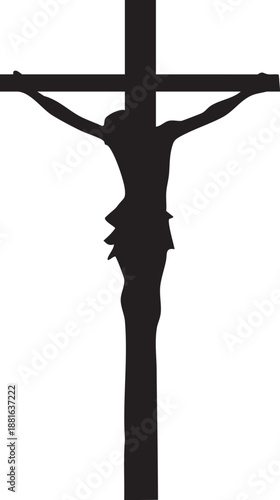 Vector illustration of a black silhouette depicting Jesus Christ on the cross as a symbolic art design featuring a dancer and people near a tree