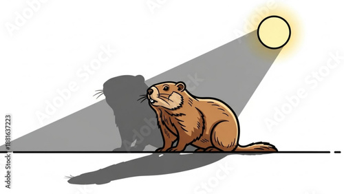 Groundhog casting a shadow under a bright sun illustrating weather prediction and seasonal change isolated on white