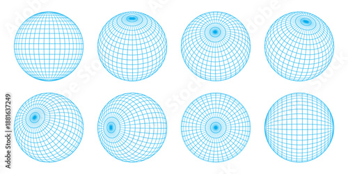 A set of wireframe globe grids with various tilt angles. Abstract geometric sphere with latitude and longitude lines, parallels, meridians, and poles. Blueprint vector illustation