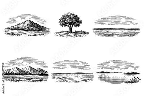 Vintage nature landscapes: intricate engraved scenes of mountains, trees, and lakes