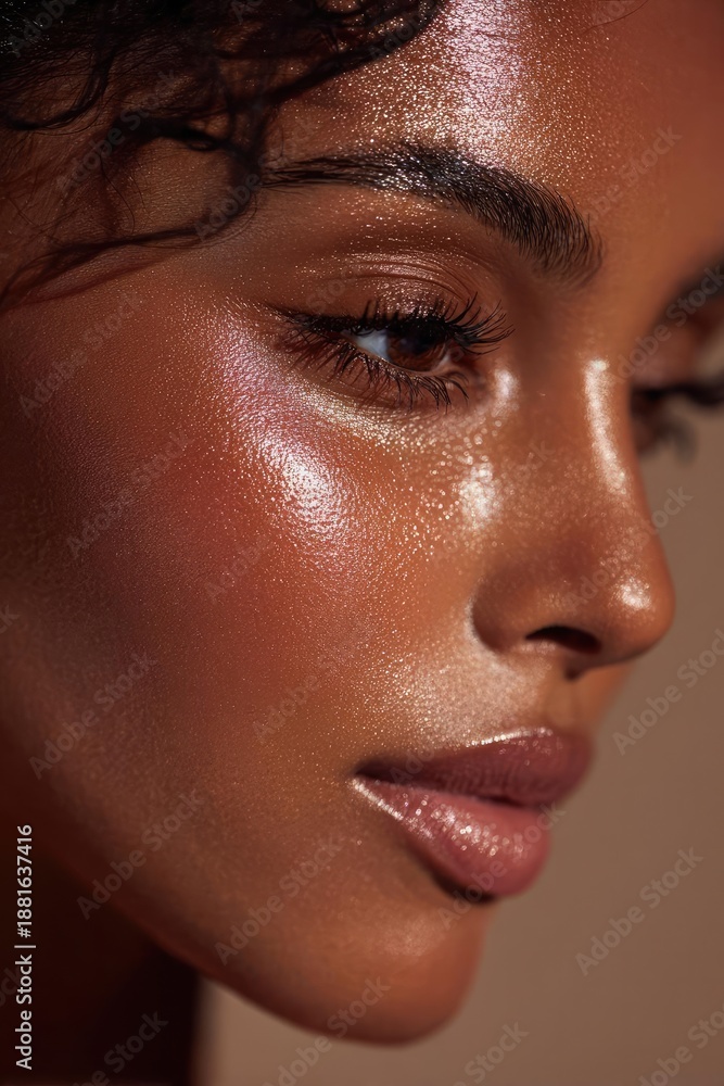 Fototapeta premium Close-up of a bronze-skinned woman with dewy makeup, shimmering cheek highlights, and glossy pink lips. Concept Close-Up Beauty Shot, Dewy Makeup, Bronze Skin Glow, Shimmering Cheek Highlights