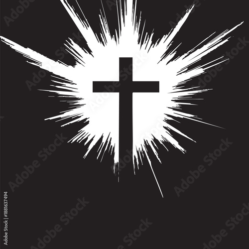 A holy black cross stands as a powerful religious symbol of faith and spirituality against a bright sky, representing a sacred 3d icon of Christ and prayer