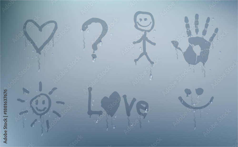 Fototapeta premium Drawn symbols on misted glass. Vector realistic style, set of paintings on window or bathroom mirror with misty or steamy surface. Water drips and droplets of condensation, heat or cold temperature