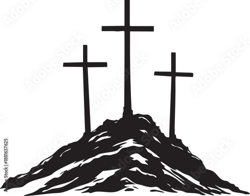 A silhouette of three wooden crosses stands on a rocky mountain hill against a blue sky, symbolizing the religious faith and spirituality of the crucifixion at Calvary under heaven
