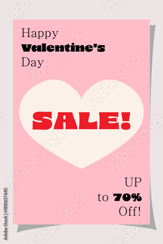 Valentines Day sale flyer with large cream heart and bold red sale text. Pink background and playful typography for romantic shopping and gift promotions.