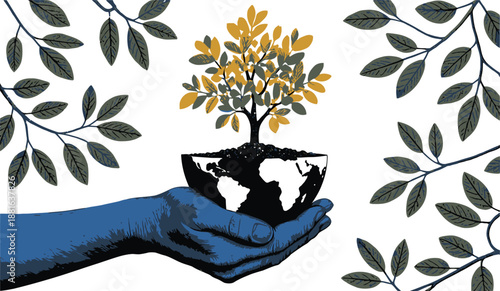 A blue hand cradles a small world with a vibrant tree growing from its surface