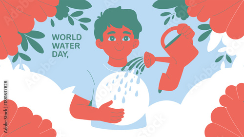 A cheerful boy waters plants with a can, celebrating World Water Day and promoting water conservation
