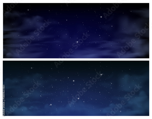 Sky in evening or night with clouds and stars, constellation. Vector in realistic style, set of landscape design for sceneries. Spring or summer with misty or foggy haze. Game decoration