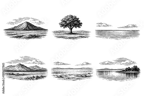 Vintage landscape scenes: hand-drawn nature with mountains, trees, and lakes