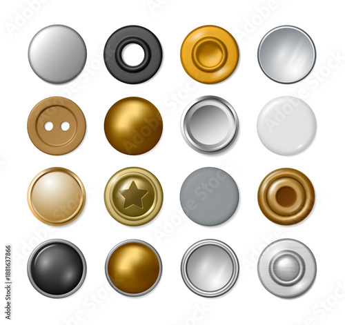 Round buttons or rivets collection, metal or plastic jean accessories. Vector isolated mechanical fastener, clothes design elements. Solid, blind and tubular copper round clinch elements