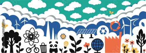 Comprehensive banner showcasing diverse environmental and industrial icons under a sky with clouds and wind turbines