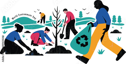 Diverse group of people actively participating in World Environment Day by planting trees and collecting waste