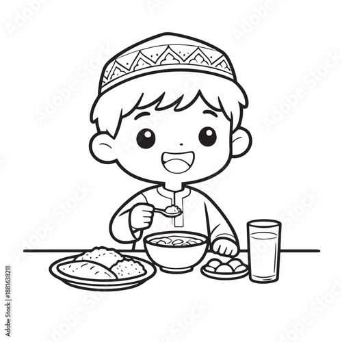 little boy eating Cute boys ramadhan coloring pages coloring book logo icon vector illustration Ramadan Mubarak  kareem, Eid Al fitr Islamic moslem