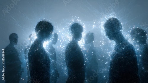 Illuminated Souls: Mystical scene shows silhouettes of people, their forms are enveloped in ethereal, glowing energy fields, radiating an aura of interconnectedness and profound spiritual resonance.