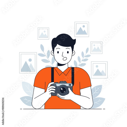 Creative Photographer Holding Camera Surrounded by Artwork, Illustration