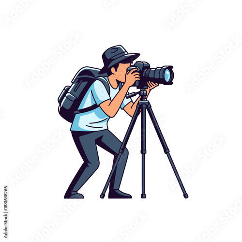 Photographer with Camera on Tripod, Capturing Images Outdoors