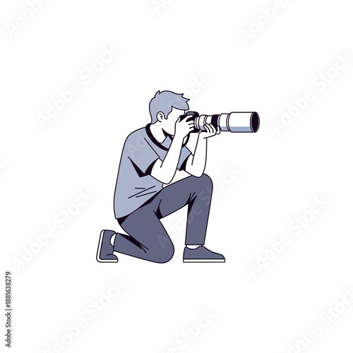 Man Photographer Kneeling with Professional Camera and Telephoto Lens, Capturing Shot