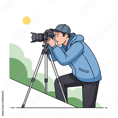 Man with camera on tripod taking photo outdoors, creative photography concept