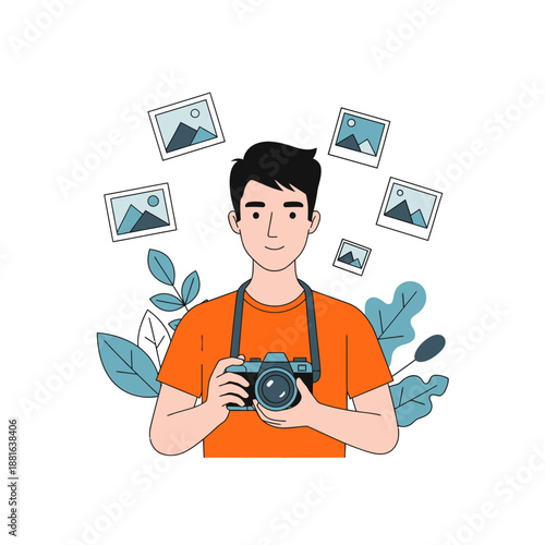 Photographer Holding Camera Surrounded by Pictures and Leaves, Creative Hobby