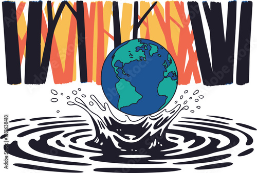 Earth globe falling into dark polluted water surrounded by bare trees illustrates environmental crisis