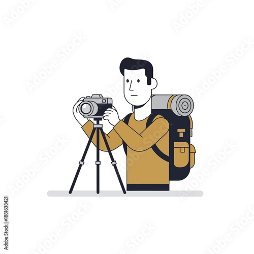 Travel Photographer with Backpack and Camera on Tripod, Outdoor Adventure