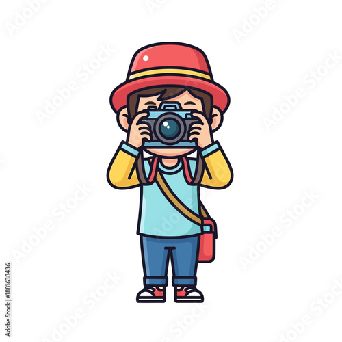 Cute Cartoon Kid Photographer with Camera and Hat, Taking Pictures