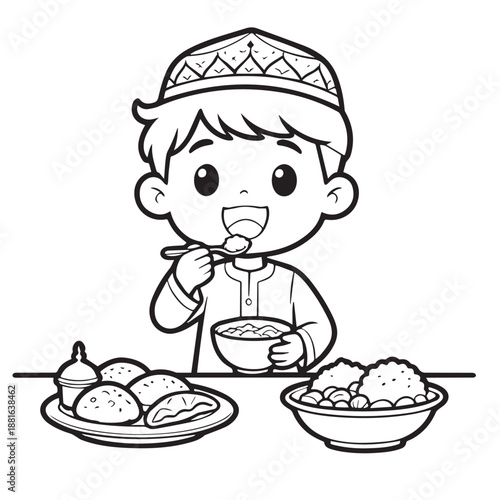 Cute boys eating ramadhan coloring pages coloring book logo icon vector illustration Ramadan Mubarak  kareem, Eid Al fitr Islamic moslem