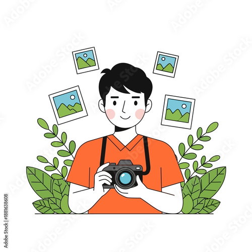 Young man photographer holding camera, surrounded by nature and photos