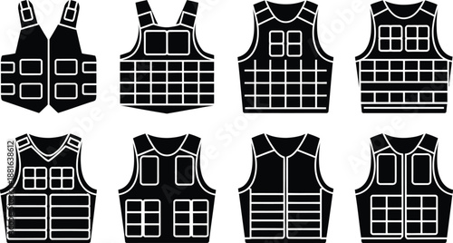 Bulletproof vest icons set. Military tactical armor vector symbols collection.