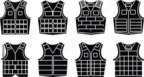 Bulletproof vest icons set. Military tactical armor vector symbols collection.