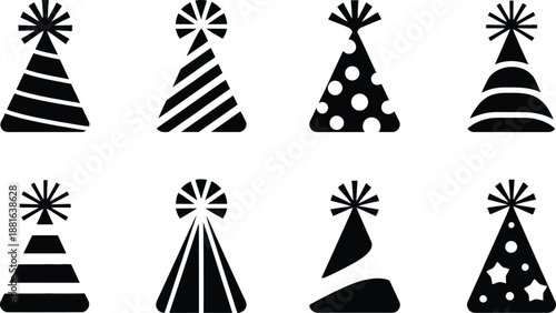 Set of black party hat silhouettes. Birthday celebration vector icons.
