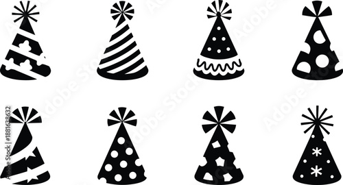 Set of black party hat silhouettes. Birthday celebration vector icons.