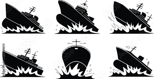 Sinking ship silhouettes. Vector set of vessels in stormy ocean waves
