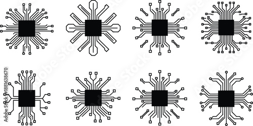 Microchip and Circuit Board Processor Line Icons Set
