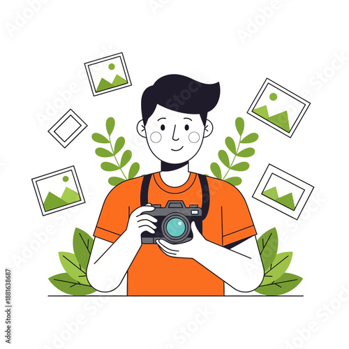 Young man holding camera surrounded by framed photos and green leaves, illustration