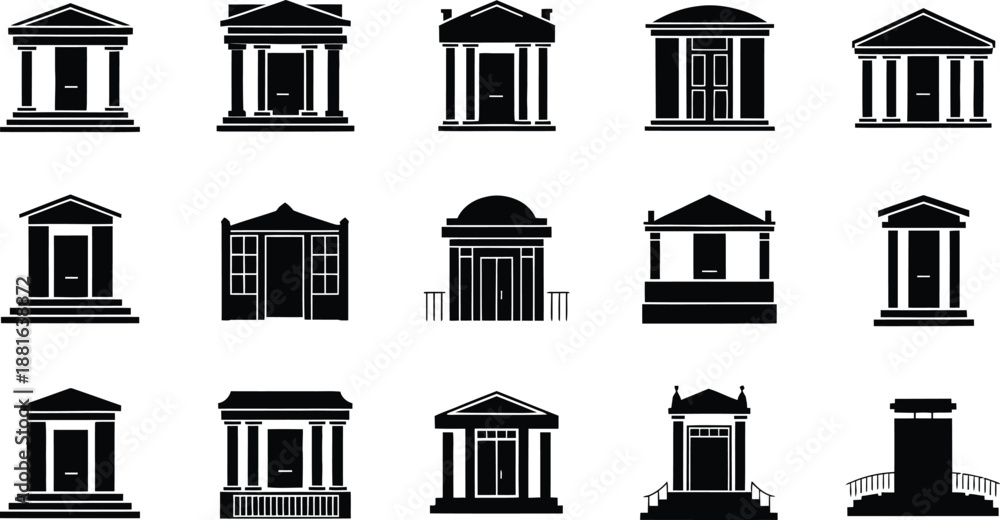 Obraz premium Set of Bank and Government Building Silhouette Icons