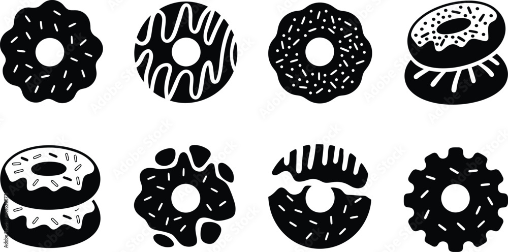 Fototapeta premium Donut icon set. Vector black glyph silhouettes of sweet glazed bakery desserts.